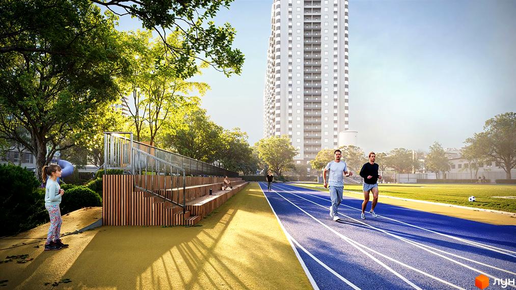 Житловий комплекс Sister: висотна будівля та стадіон з біговими доріжками та трибунами. Територія навколо комплексу озеленена.