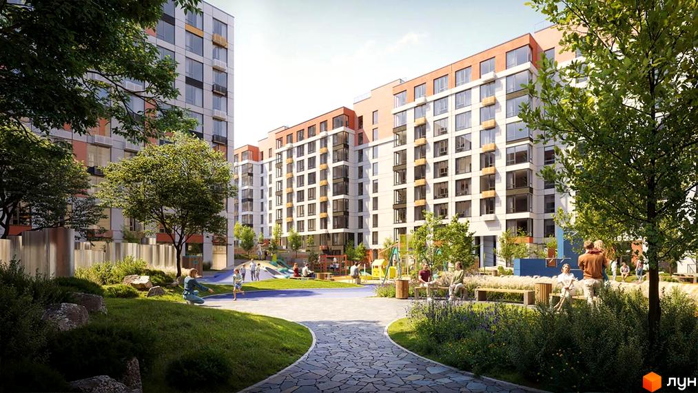 Житловий комплекс Sister з фасадами з білої та помаранчевої цегли, вікнами з темними рамами та балконами. На прибудинковій території розташований дитячий майданчик та зони відпочинку.