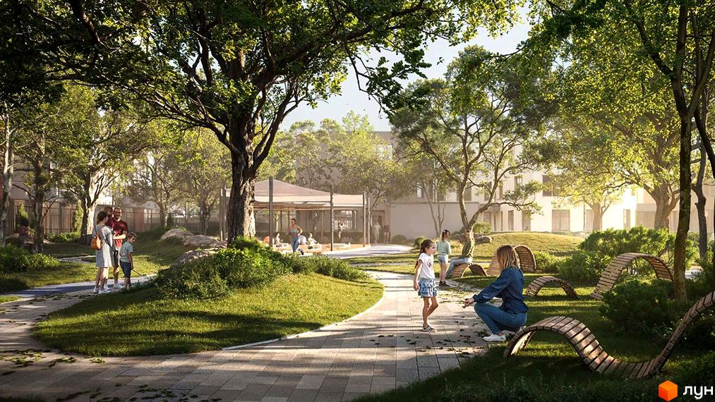 Житловий комплекс Sister: зелений двір з дитячим майданчиком та місцями для відпочинку. Сучасні будинки на фоні.