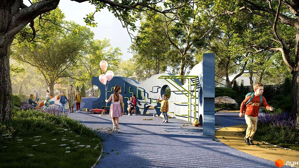 Житловий комплекс Sister: дитячий майданчик з гірками та гойдалками, зелена зона з деревами та квітами. Фото новобудови.