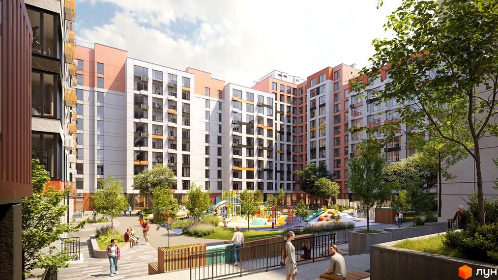 Житловий комплекс Sister - це сучасна новобудова з яскравим фасадом та облаштованим внутрішнім двором з дитячим майданчиком.