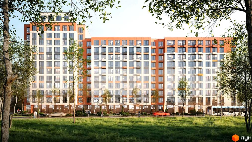 Житловий комплекс Sister – це багатоповерховий будинок з цегляним фасадом та великими вікнами, розташований біля зеленої зони з деревами та дорогою.