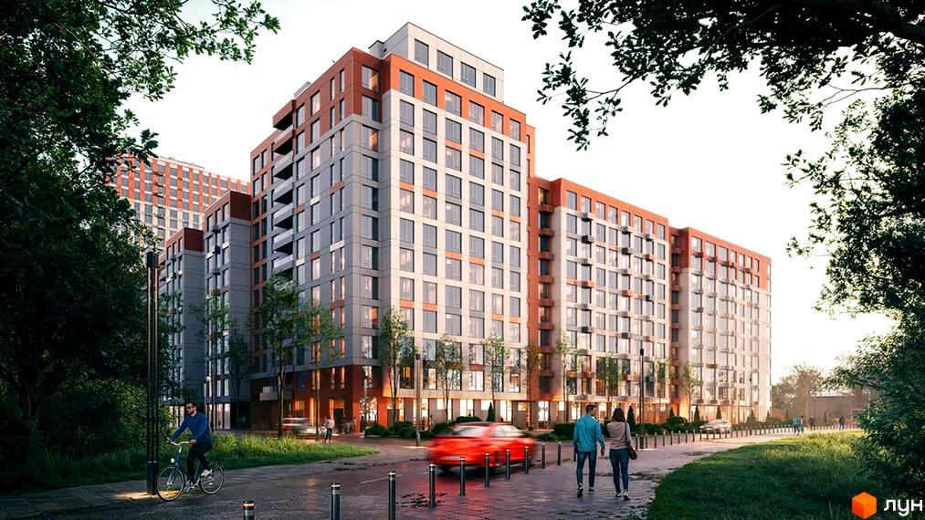 Новобудова Sister з цегляним фасадом та великими вікнами, оточена зеленою зоною з пішохідними доріжками та деревами.