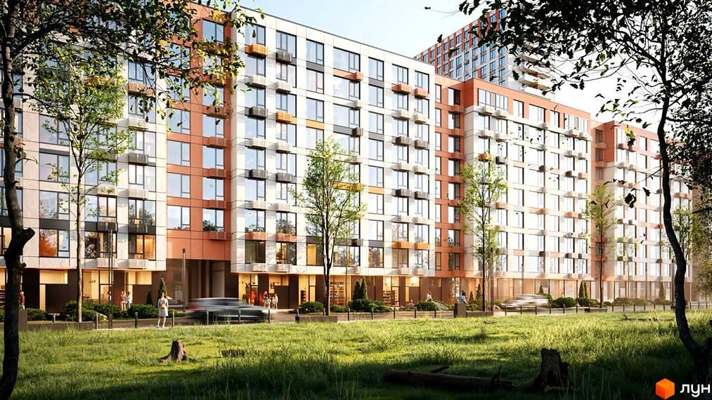 Новобудова ЖК Sister з фасадами біло-помаранчевого кольору та великими вікнами. Навколо будинку зелена галявина та дерева.