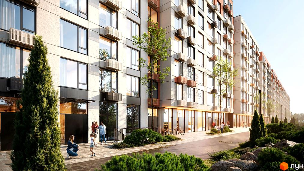 Зовнішній вигляд ЖК Sister з великими вікнами та балконами, прибудинкова територія з деревами та місцями для відпочинку.