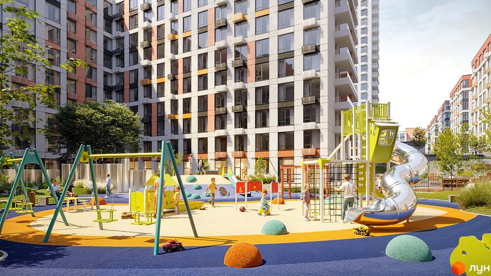 Житловий комплекс Sister. Сучасна архітектура будинків та дитячий майданчик з гіркою та гойдалками.