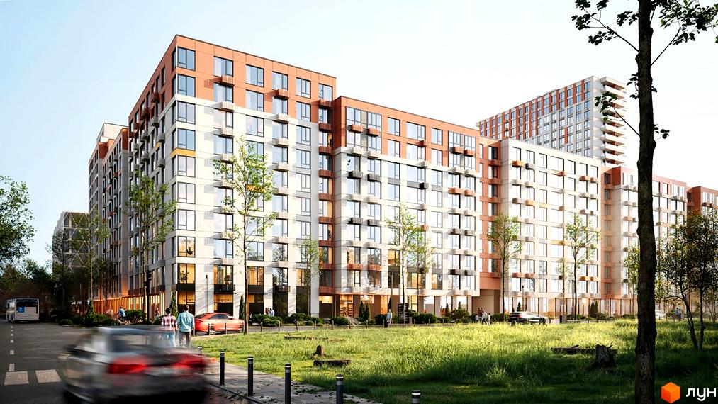 Житловий комплекс Sister - це сучасна новобудова з багатоповерховими будинками, що мають цегляно-білий фасад та оранжеві елементи. Територія навколо комплексу озеленена, з доглянутим газоном та деревами.