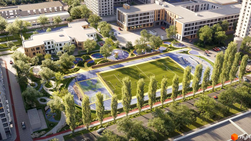 Житловий комплекс Sister з сучасними будівлями та великою спортивною зоною з футбольним полем і дитячими майданчиками. Навколо комплексу зелені насадження та доглянута територія.