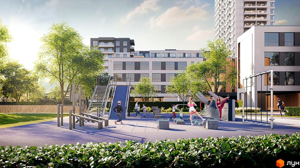 Житловий комплекс Sister: сучасні будівлі та обладнаний дитячий майданчик з зонами для спорту. Зелена територія для відпочинку.