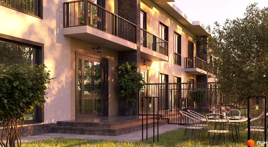 Таунхауси Orange Home з балконами та великими вікнами, що виходять на доглянуту прибудинкову територію з газоном та столиком для відпочинку.