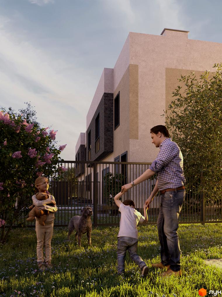 Таунхауси Orange Home з цегляним фасадом та зеленою прибудинковою територією. На зображенні сім'я з дітьми та собакою на фоні будівель.