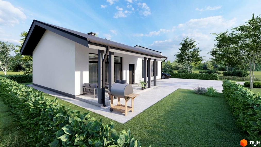 Котеджне містечко КМ River Yard: одноповерховий будинок з білими стінами та чорним дахом, терасою та зоною барбекю. Прибудинкова територія з зеленим газоном та кущами.