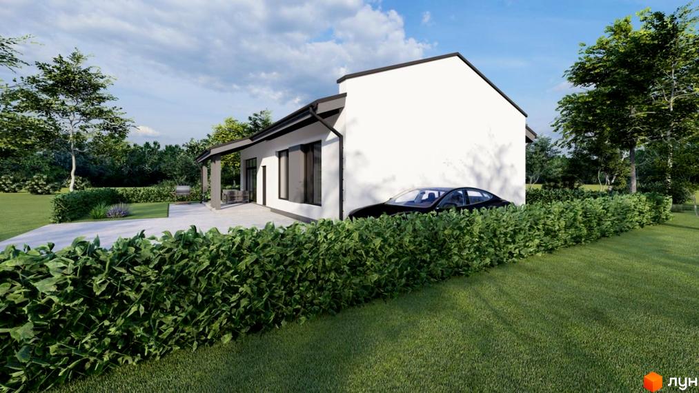 Котеджне містечко River Yard: білий будинок з чорним дахом, прибудинкова територія з зеленим газоном та живоплотом. Поруч стоїть чорний автомобіль.