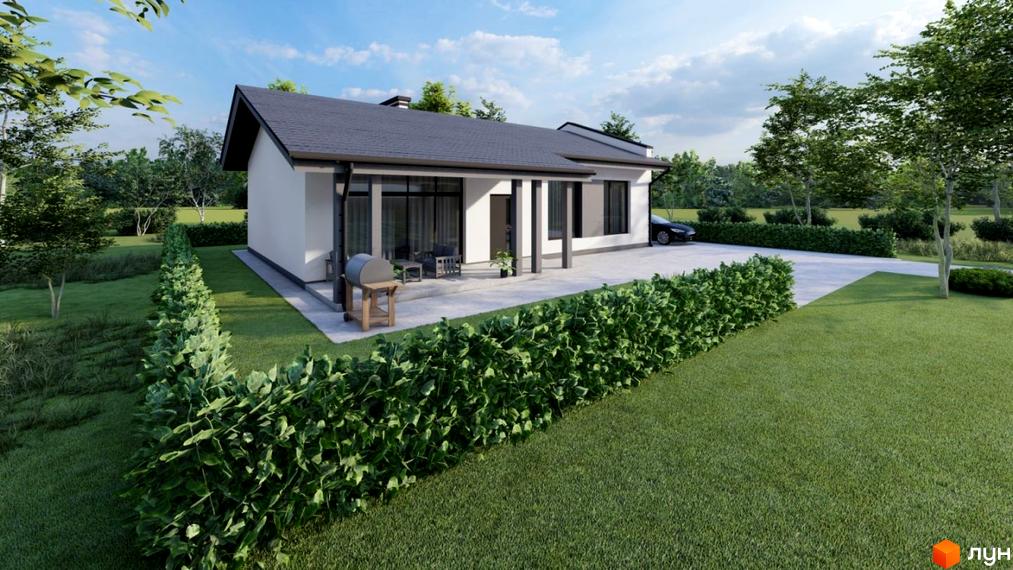 Котеджне містечко КМ River Yard: одноповерховий будинок з сірим дахом, терасою та зоною барбекю. Навколо будинку зелений газон та доглянуті кущі.