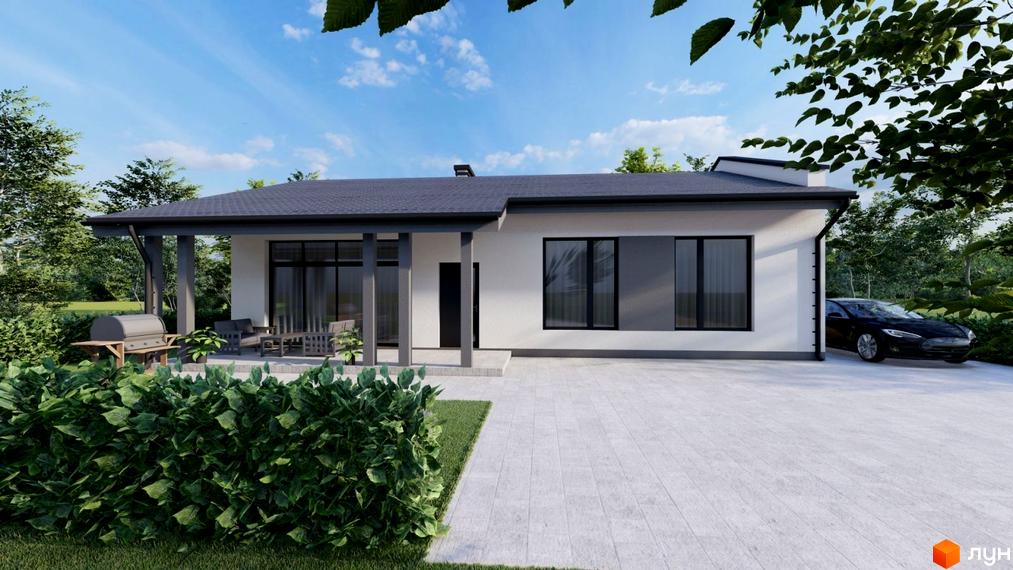 Котеджне містечко КМ River Yard: одноповерховий будинок з великими вікнами та критою терасою, поруч розташований автомобіль та зелена зона.