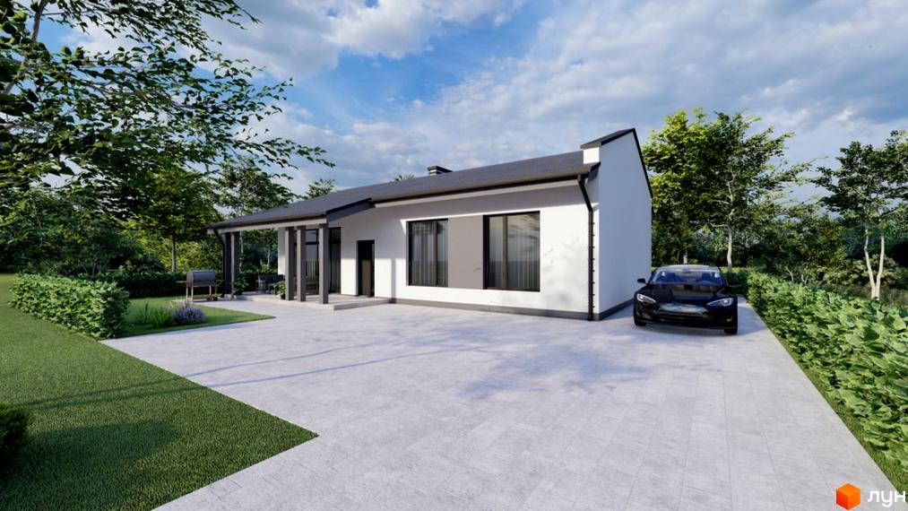 Котеджне містечко КМ River Yard: одноповерховий будинок з білою стіною та темним дахом, поруч парковка та зелений двір з деревами.