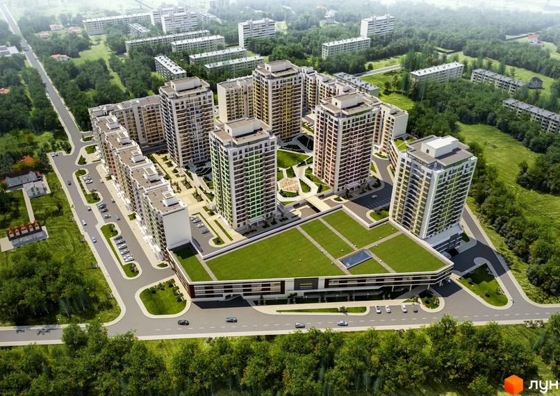 Житловий комплекс Акварелі-2: висотні будинки з великою зеленою зоною та паркінгом. Вигляд з висоти пташиного польоту на новобудову.