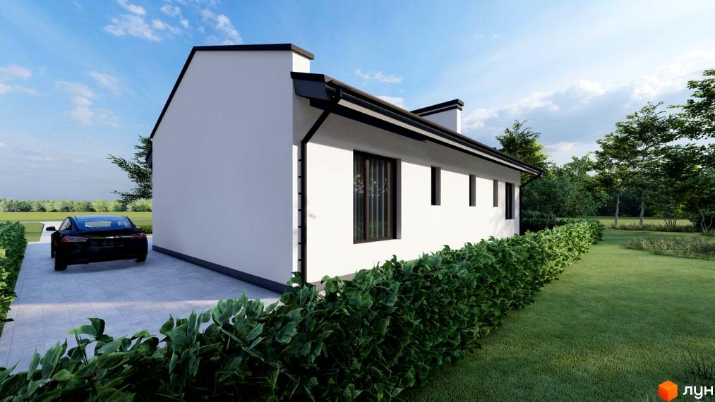 Котеджне містечко КМ River Yard: білий будинок з чорним дахом та вікнами, поряд зелений газон та доглянутий паркан.