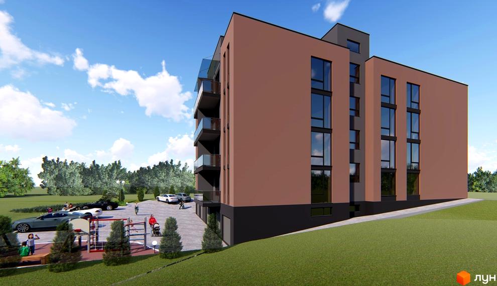 Новобудова ЖК Тиша з балконами та великими вікнами, поруч дитячий майданчик та парковка з автомобілями.