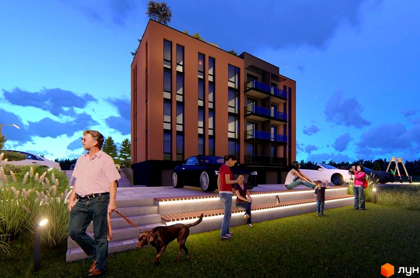 Житловий комплекс Тиша: багатоповерхова будівля з балконами та прибудинкова територія з людьми та собакою.