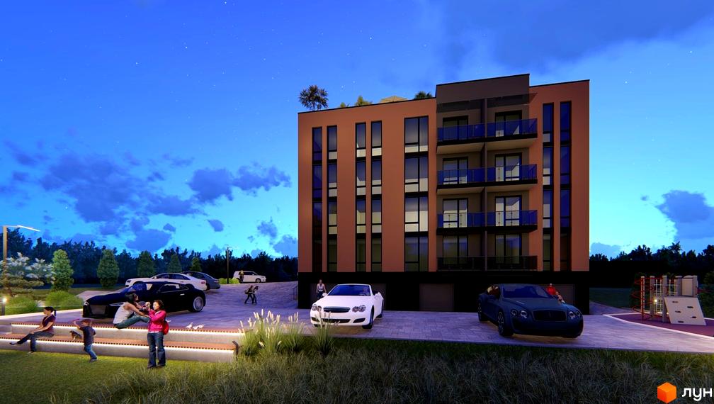 Житловий комплекс Тиша: сучасна цегляна новобудова з балконами та паркінгом. Поруч дитячий майданчик та зелена зона для відпочинку.