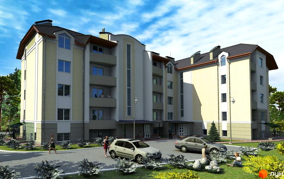 Зображення чотириповерхового будинку по вулиці Кленова (Леніна), 2в. На передньому плані прибудинкова територія з парковкою та зеленими насадженнями.