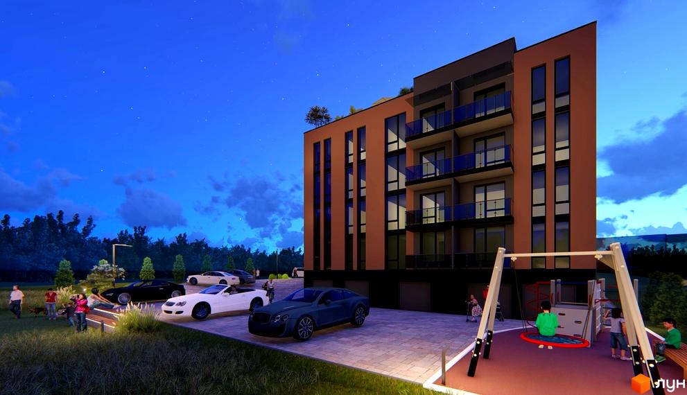 Новобудова ЖК Тиша з цегляним фасадом та скляними балконами, поруч дитячий майданчик та парковка з автомобілями.