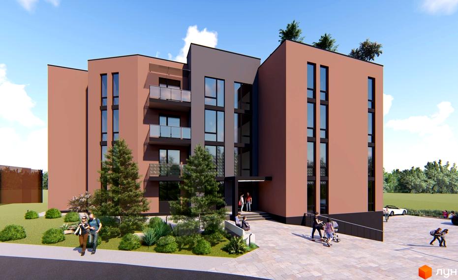Зовнішній вигляд житлового комплексу Тиша з цегляним фасадом, скляними балконами та прибудинковою територією з деревами та людьми.