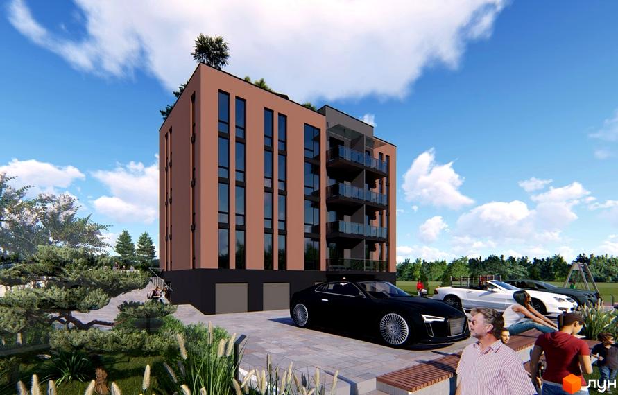 Новобудова ЖК Тиша з цегляним фасадом та скляними балконами, поруч зелена зона з деревами та автомобілями.