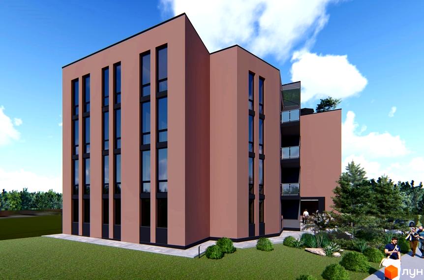 Зовнішній вигляд новобудови ЖК Тиша з балконами та вікнами, оточений зеленою прибудинковою територією та деревами.