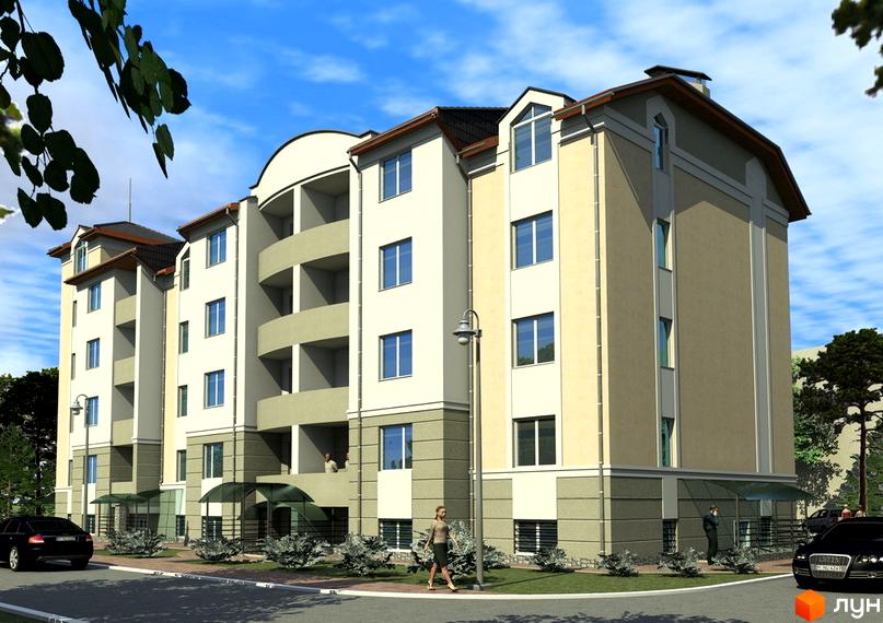 Зображення фасаду будинку по вул. Кленова (Леніна), 2в. На фото прибудинкова територія з тротуаром, газоном та декоративними кущами.