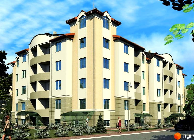 Зображення фасаду будинку на Кленова (Леніна), 2в. Багатоповерхова будівля з балконами та великими вікнами, поруч зелені насадження.