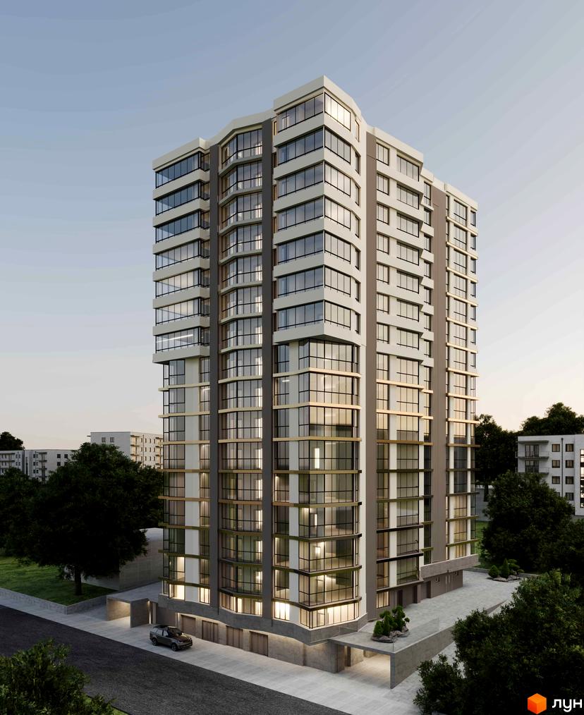 Житловий комплекс Набережна Вежа - багатоповерховий будинок з панорамними вікнами та прибудинковою територією з деревами та дорогою.