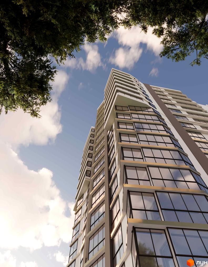 Зовнішній вигляд новобудови ЖК Набережна Вежа з великими вікнами та балконами, оточеної зеленню дерев.