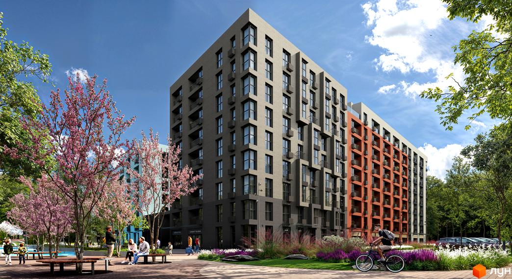 Житловий комплекс Sense City з цегляним фасадом та балконами, оточений квітучими деревами та зеленою зоною відпочинку.