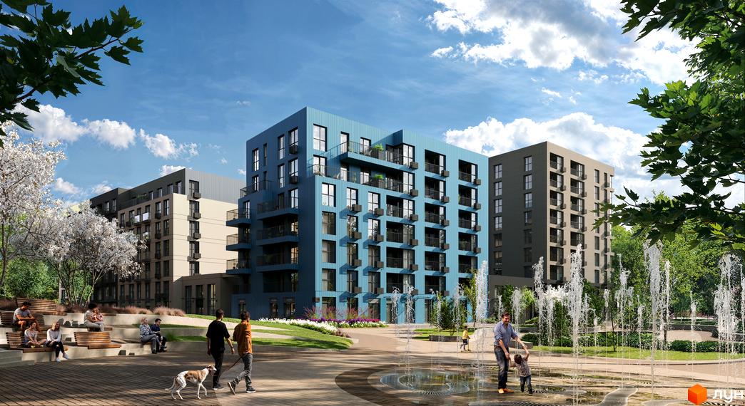 Житловий комплекс Sense City з синьою та сірою фасадами, балконами та прибудинковою територією з фонтанами та зонами відпочинку.