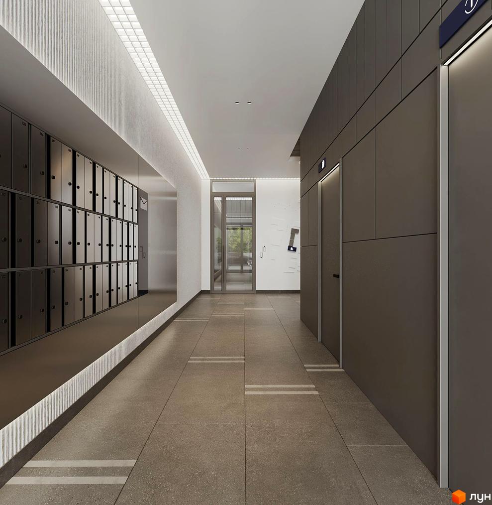 Комплекс Newton: коридор з поштовими скриньками та ліфтами. Зовнішній вигляд будинку та прибудинкової території.