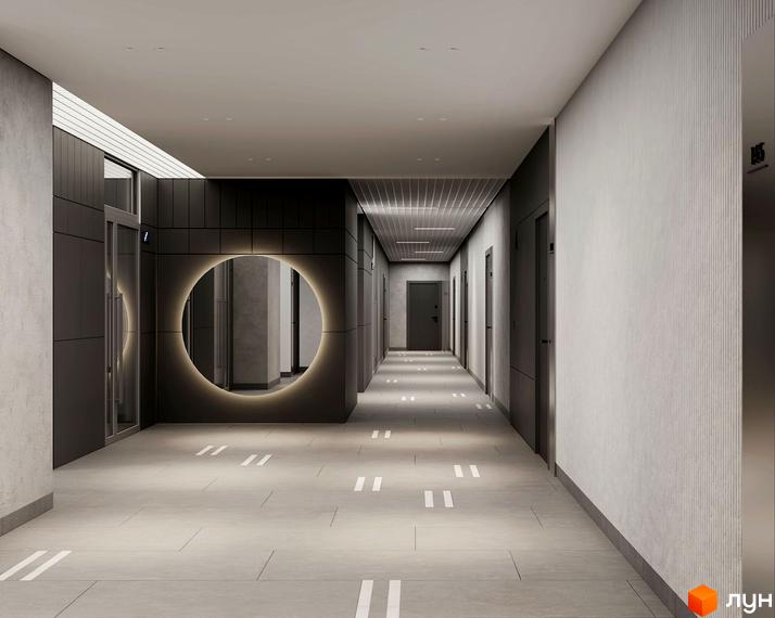 Дизайн холу в житловому комплексі Newton з круглим дзеркалом та підсвічуванням. Сучасний коридор з дверима та підлоговим освітленням.