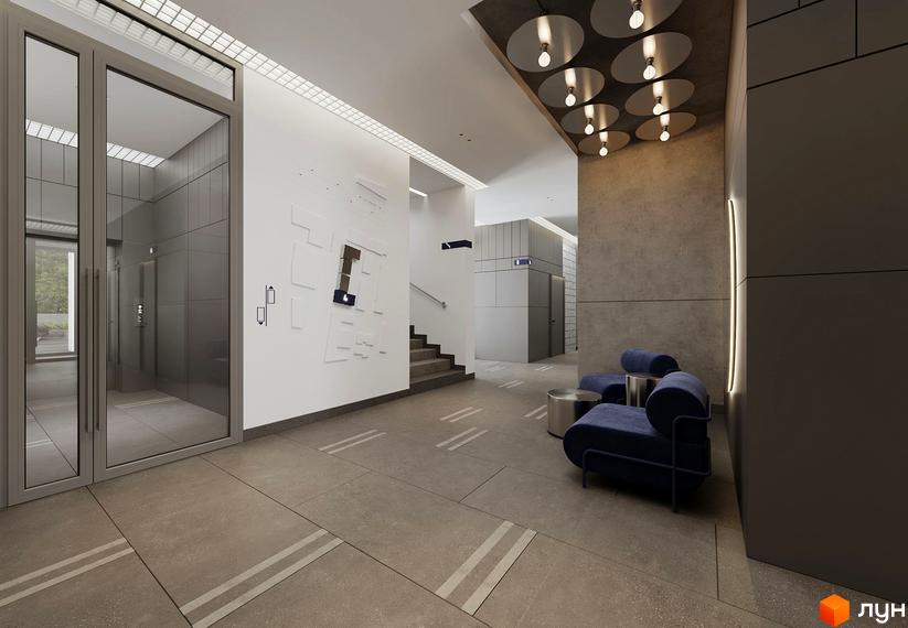 Інтер'єр холу житлового комплексу Newton з елегантними меблями та сучасним дизайном. Вхідна група з дверима та ліфтом.