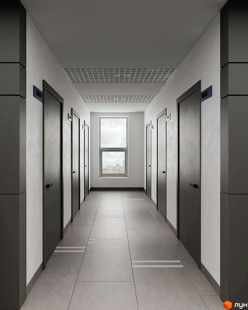 Комплекс Newton: сучасний коридор з дверима та вікном, що виходить на міський пейзаж. Ідеальне місце для життя у новобудові.