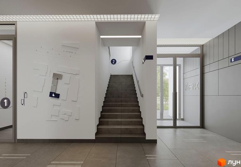Вхідна група та сходова клітка в ЖК Newton. Візуалізація внутрішнього простору новобудови.