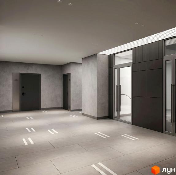 Вхідна група житлового комплексу Newton з дверима та скляними елементами. Хол з сірими стінами та дверима.