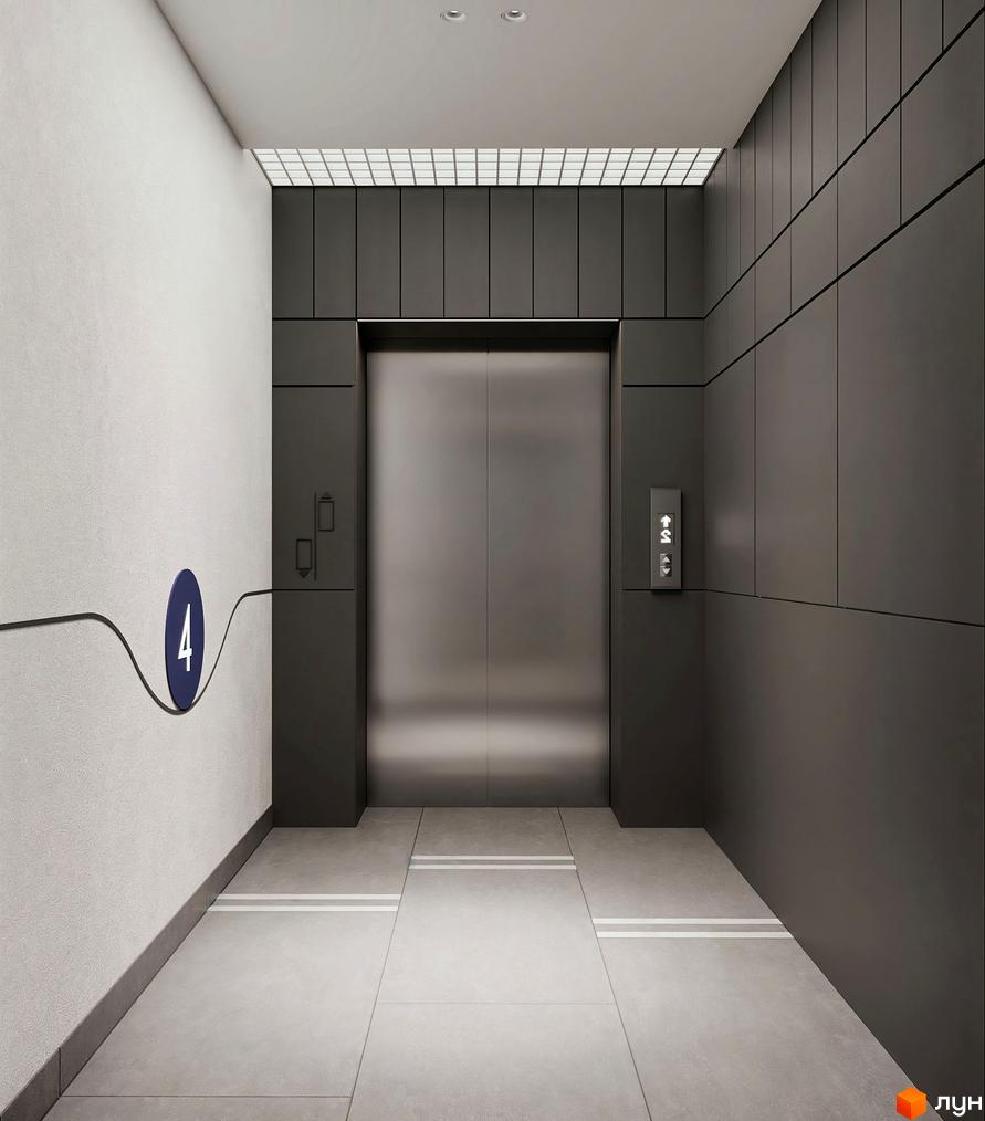 Сучасний хол з дверима ліфта в новобудові ЖК Newton. Підлога оздоблена плиткою та має світлі смуги.