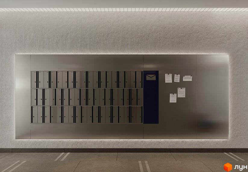 Вхідна група житлового комплексу Newton з індивідуальними поштовими скриньками та інформаційною дошкою. Сучасний дизайн фасаду з підсвіткою.