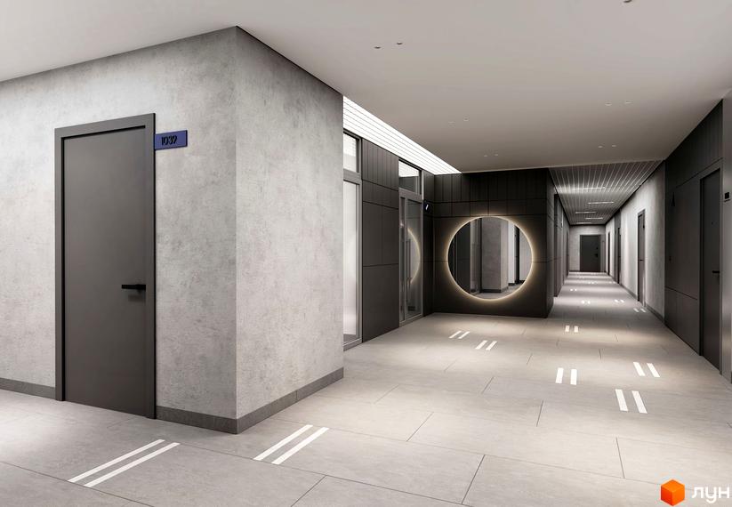 Інтер'єр холу новобудови ЖК Newton з дверима та дзеркалом. Сучасний дизайн коридору житлового комплексу.