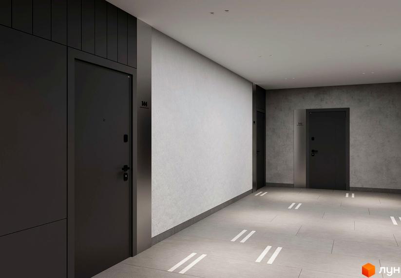 Вхідна група в житловому комплексі Newton з темними дверима та сірими стінами. Коридор з підлогою, оздобленою світлими смугами.