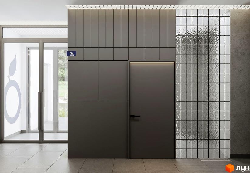 Зовнішній вигляд новобудови ЖК Newton з дверима та скляною стіною. Вхідна група з дверима та великою візуалізацією.