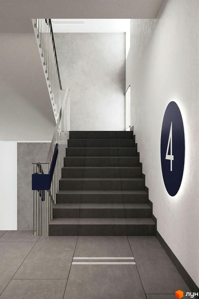 Сходи та номер поверху 4 у житловому комплексі Newton. Сучасний дизайн інтер'єру сходової клітини.