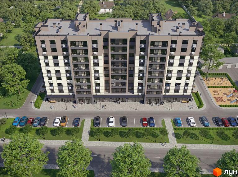 Новобудова Мрія - це багатоповерховий будинок з сірими та білими фасадами, балконами та кондиціонерами. Територія навколо будинку облаштована парковкою та дитячим майданчиком.