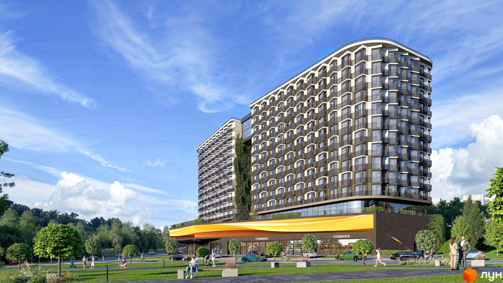 Сучасний житловий комплекс з багатоповерховими будинками та балконами, зеленою зоною та місцями для відпочинку.